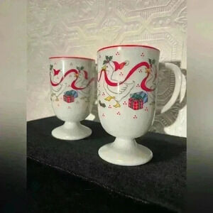Vintage Japan Footed Christmas Tea Coffee Cups (2)  Ducks Playing With Ribbon